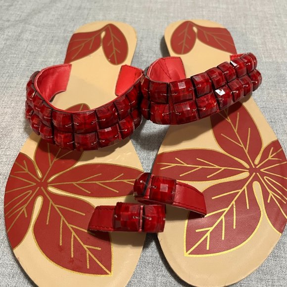 Ladies Flat Sandals Red and Tan Bedazzled Size 8 - Picture 8 of 9